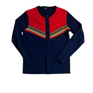 70s Vintage Wool Navy Rainbow Striped Zip Up Cardigan size 36 / Small